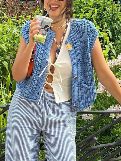 Elegant Pocket Sleeveless Cropped Knit Cardigan