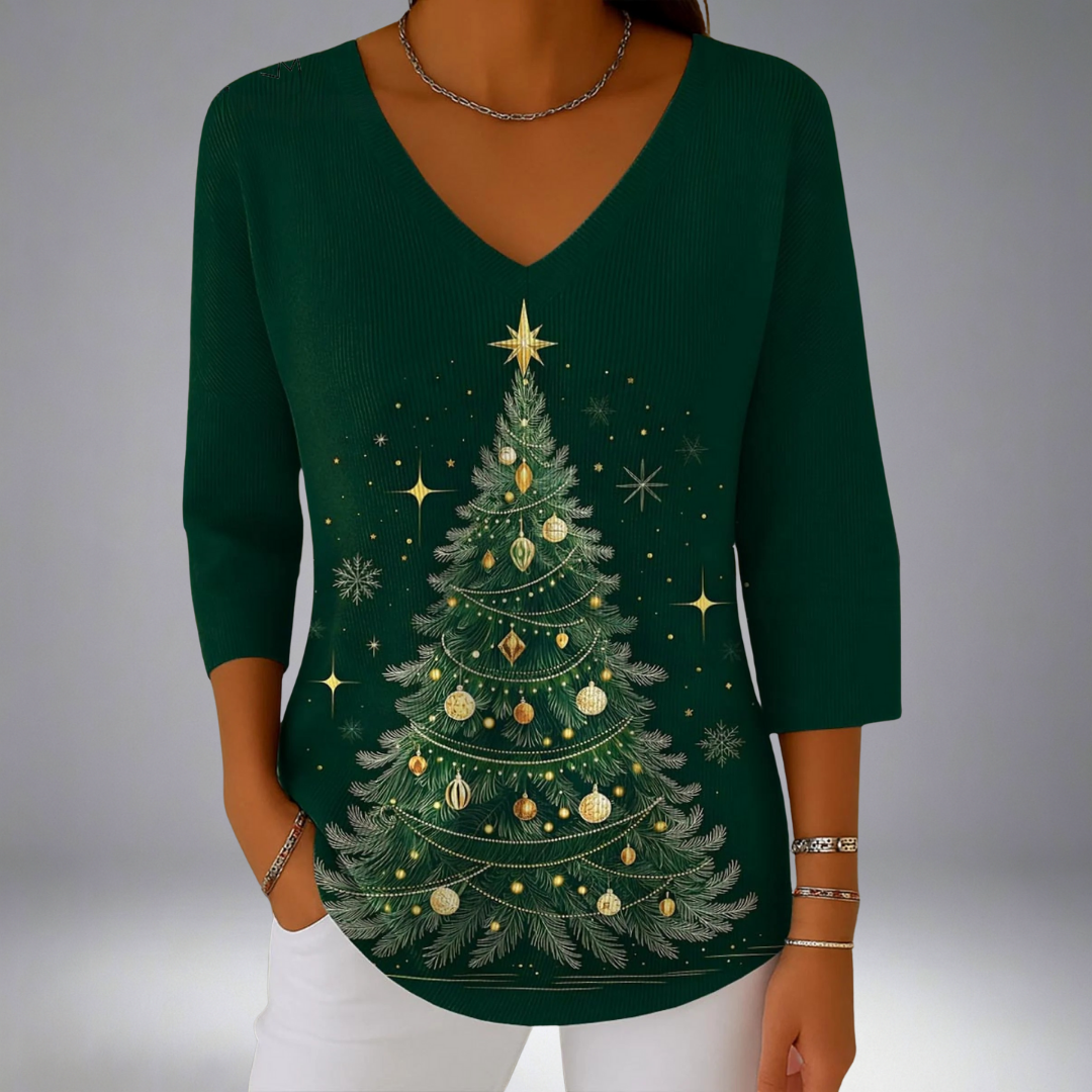Crystal™ - Christmas Graphic Print V-Neck Sweater